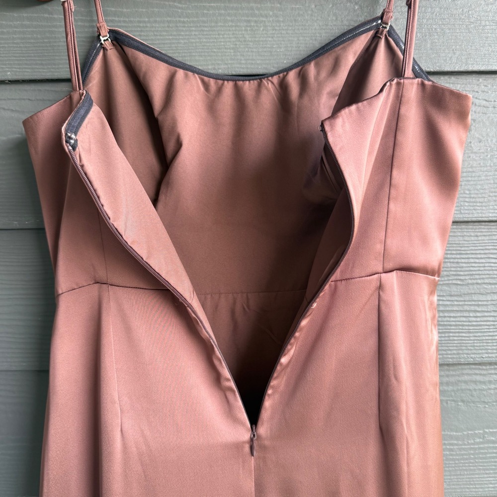 Birdy Grey Bronze Brown Satin Formal Maxi Dress Ruched Slip Gown Large - Picture 5 of 9